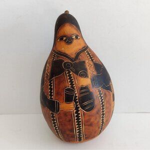 Vintage Handcarved Peruvian Gourd Man W/ Jug Cup Folk Art Musical Rattle 7"